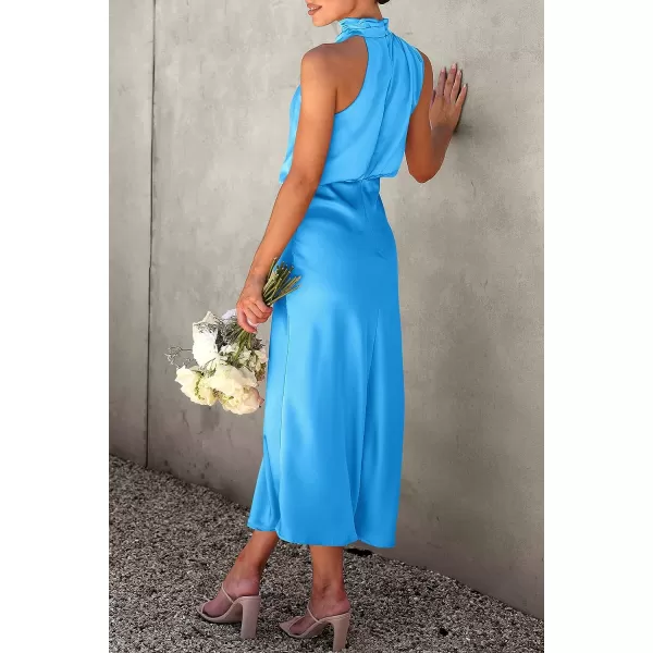 imagePRETTYGARDEN Womens 2023 Summer Satin Dress Elegant Sleeveless Mock Neck Cocktail Party Maxi DressesSky Blue