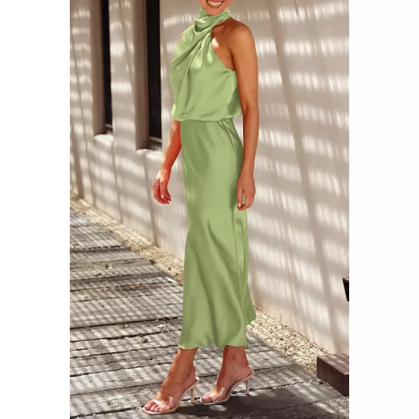 imagePRETTYGARDEN Womens 2023 Summer Satin Dress Elegant Sleeveless Mock Neck Cocktail Party Maxi DressesTender Green
