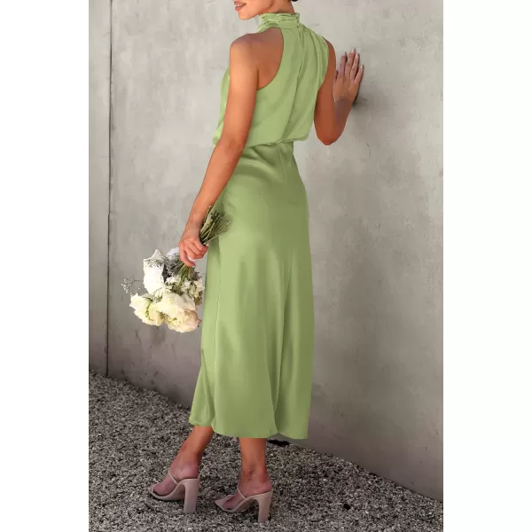 imagePRETTYGARDEN Womens 2023 Summer Satin Dress Elegant Sleeveless Mock Neck Cocktail Party Maxi DressesTender Green