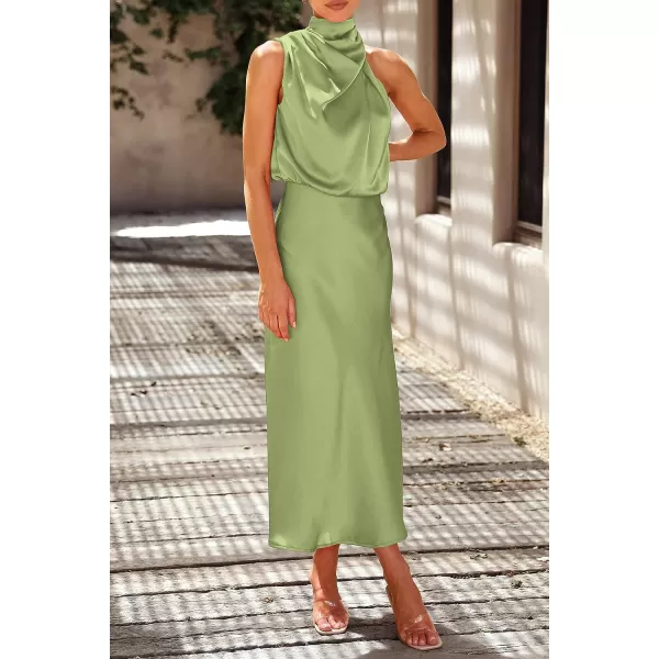 imagePRETTYGARDEN Womens 2023 Summer Satin Dress Elegant Sleeveless Mock Neck Cocktail Party Maxi DressesTender Green