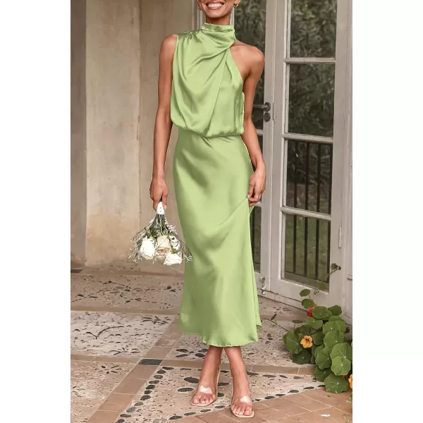 imagePRETTYGARDEN Womens 2023 Summer Satin Dress Elegant Sleeveless Mock Neck Cocktail Party Maxi DressesTender Green