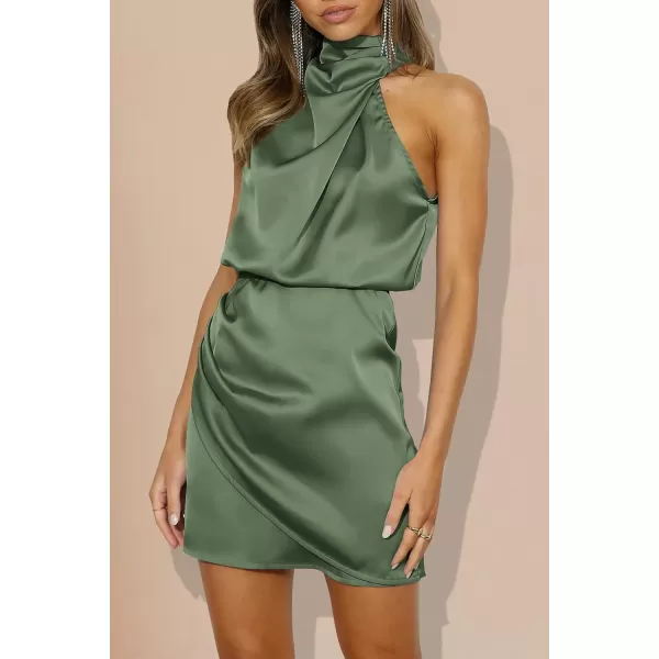 imagePRETTYGARDEN Womens 2023 Summer Satin Dress Sleeveless Mock Neck Short Formal Cocktail Party DressesArmy Green