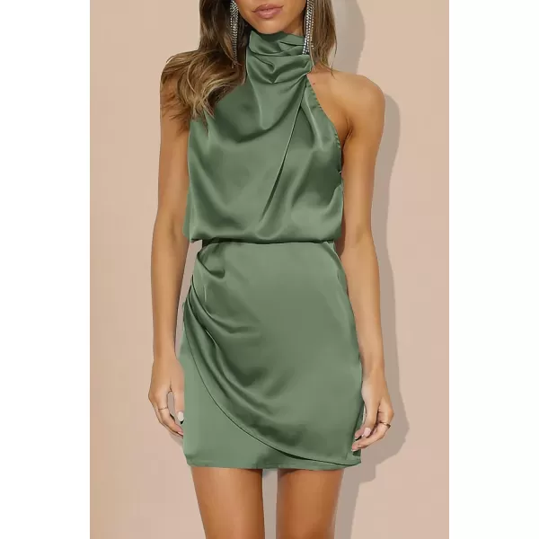 imagePRETTYGARDEN Womens 2023 Summer Satin Dress Sleeveless Mock Neck Short Formal Cocktail Party DressesArmy Green