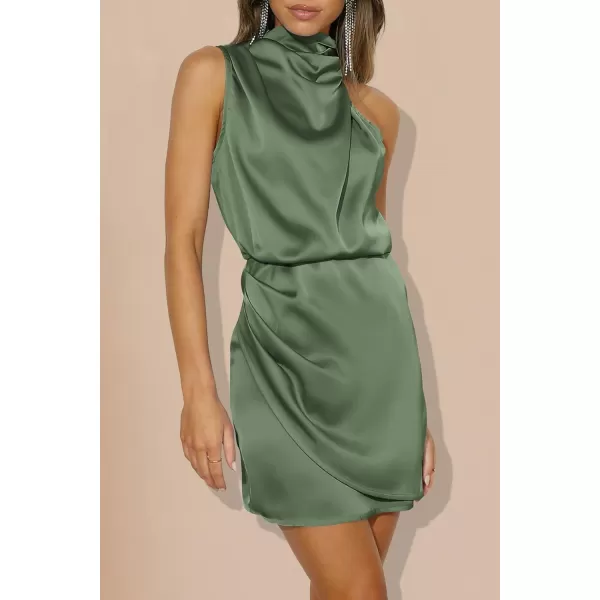 imagePRETTYGARDEN Womens 2023 Summer Satin Dress Sleeveless Mock Neck Short Formal Cocktail Party DressesArmy Green
