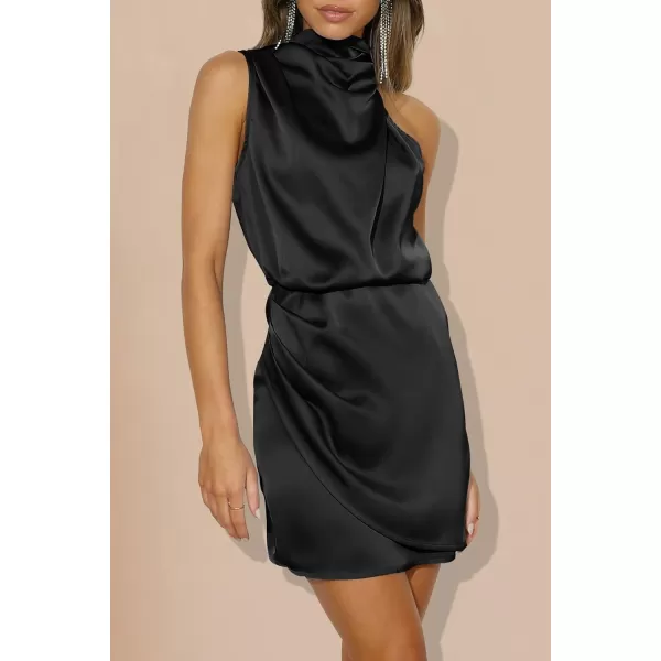 imagePRETTYGARDEN Womens 2023 Summer Satin Dress Sleeveless Mock Neck Short Formal Cocktail Party DressesBlack