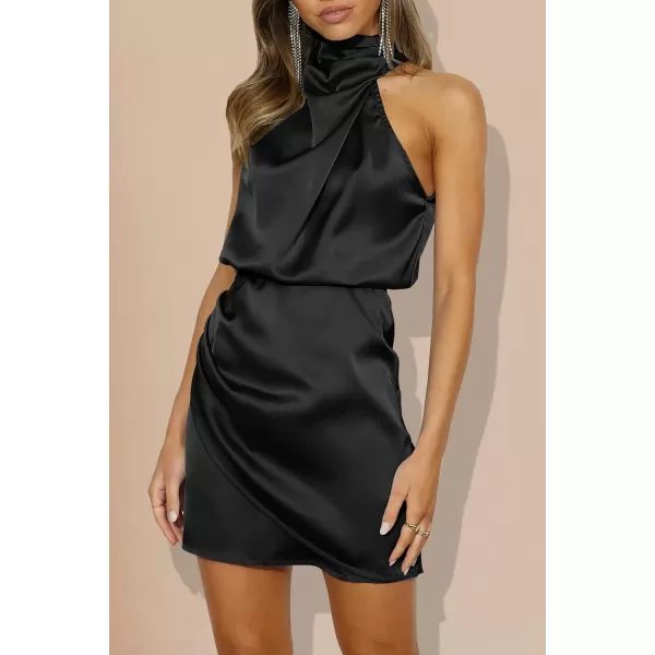 imagePRETTYGARDEN Womens 2023 Summer Satin Dress Sleeveless Mock Neck Short Formal Cocktail Party DressesBlack
