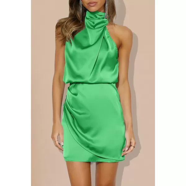 imagePRETTYGARDEN Womens 2023 Summer Satin Dress Sleeveless Mock Neck Short Formal Cocktail Party DressesGrass Green