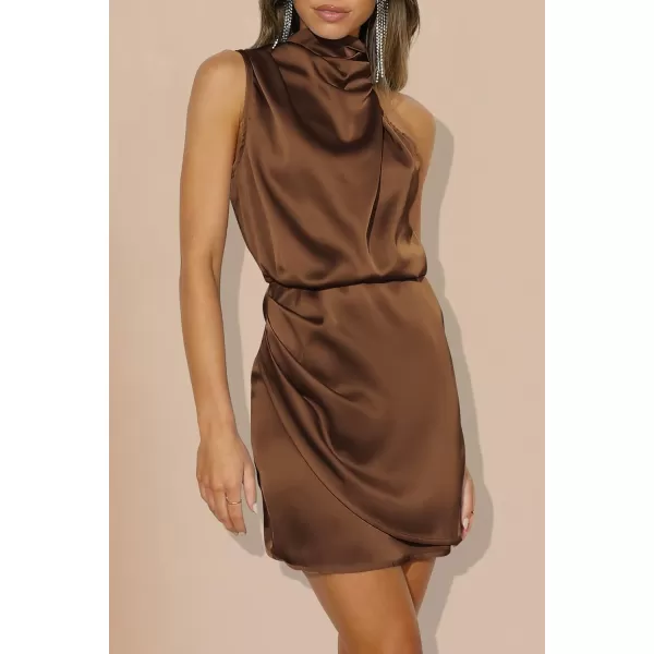 imagePRETTYGARDEN Womens 2023 Summer Satin Dress Sleeveless Mock Neck Short Formal Cocktail Party DressesKhaki