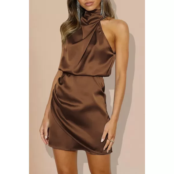 imagePRETTYGARDEN Womens 2023 Summer Satin Dress Sleeveless Mock Neck Short Formal Cocktail Party DressesKhaki