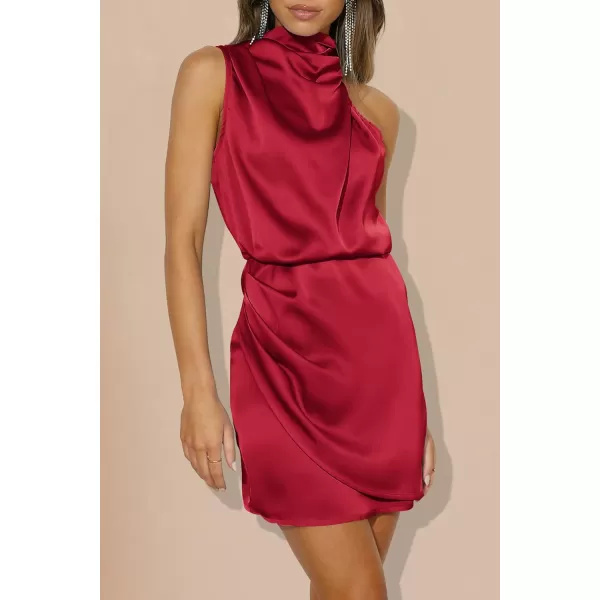 imagePRETTYGARDEN Womens 2023 Summer Satin Dress Sleeveless Mock Neck Short Formal Cocktail Party DressesRed