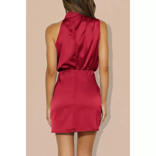 imagePRETTYGARDEN Womens 2023 Summer Satin Dress Sleeveless Mock Neck Short Formal Cocktail Party DressesRed