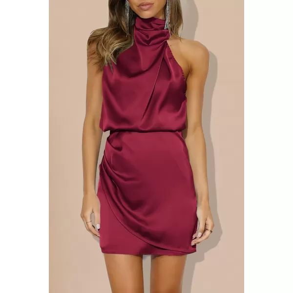 imagePRETTYGARDEN Womens 2023 Summer Satin Dress Sleeveless Mock Neck Short Formal Cocktail Party DressesWine Red
