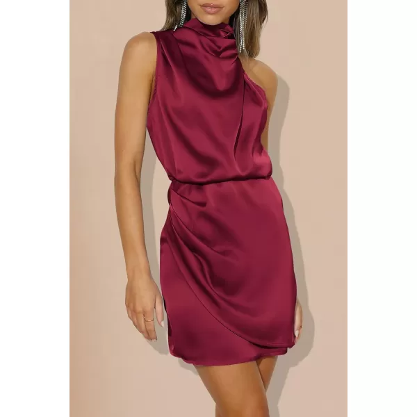 imagePRETTYGARDEN Womens 2023 Summer Satin Dress Sleeveless Mock Neck Short Formal Cocktail Party DressesWine Red