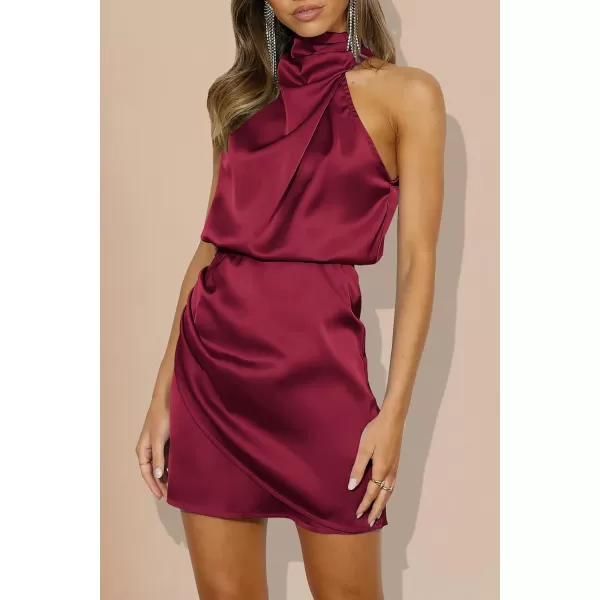 imagePRETTYGARDEN Womens 2023 Summer Satin Dress Sleeveless Mock Neck Short Formal Cocktail Party DressesWine Red