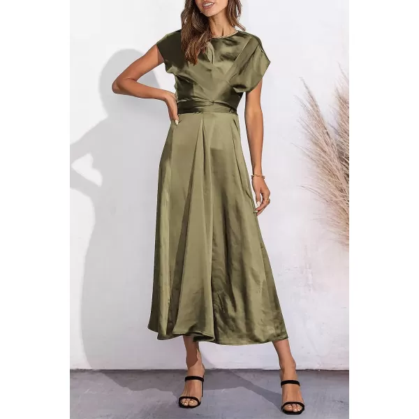 imagePRETTYGARDEN Womens 2023 Summer Satin Midi Dress Cap Sleeve Tie Waist Elegant ALine Flowy DressesArmy Green