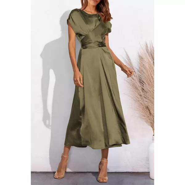 imagePRETTYGARDEN Womens 2023 Summer Satin Midi Dress Cap Sleeve Tie Waist Elegant ALine Flowy DressesArmy Green