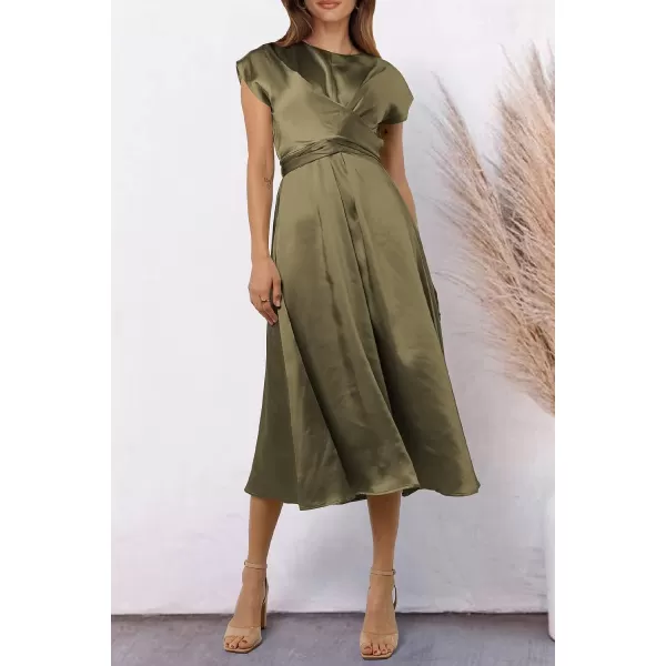 imagePRETTYGARDEN Womens 2023 Summer Satin Midi Dress Cap Sleeve Tie Waist Elegant ALine Flowy DressesArmy Green