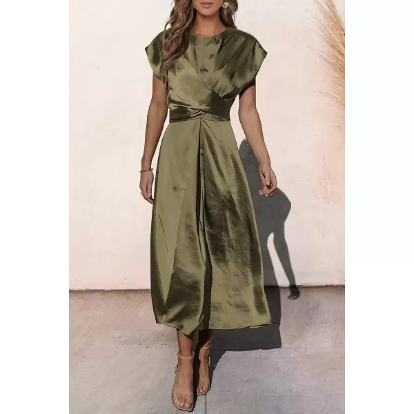 imagePRETTYGARDEN Womens 2023 Summer Satin Midi Dress Cap Sleeve Tie Waist Elegant ALine Flowy DressesArmy Green