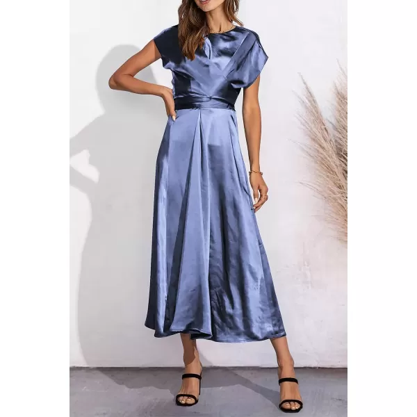 imagePRETTYGARDEN Womens 2023 Summer Satin Midi Dress Cap Sleeve Tie Waist Elegant ALine Flowy DressesBlue