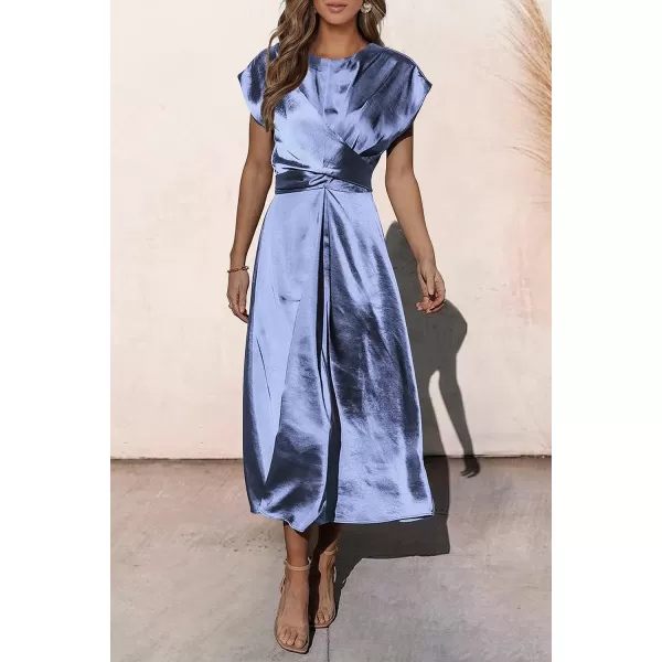 imagePRETTYGARDEN Womens 2023 Summer Satin Midi Dress Cap Sleeve Tie Waist Elegant ALine Flowy DressesBlue
