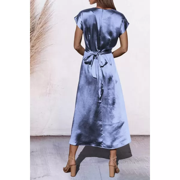 imagePRETTYGARDEN Womens 2023 Summer Satin Midi Dress Cap Sleeve Tie Waist Elegant ALine Flowy DressesBlue