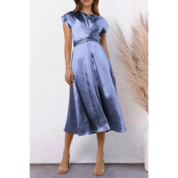 imagePRETTYGARDEN Womens 2023 Summer Satin Midi Dress Cap Sleeve Tie Waist Elegant ALine Flowy DressesBlue