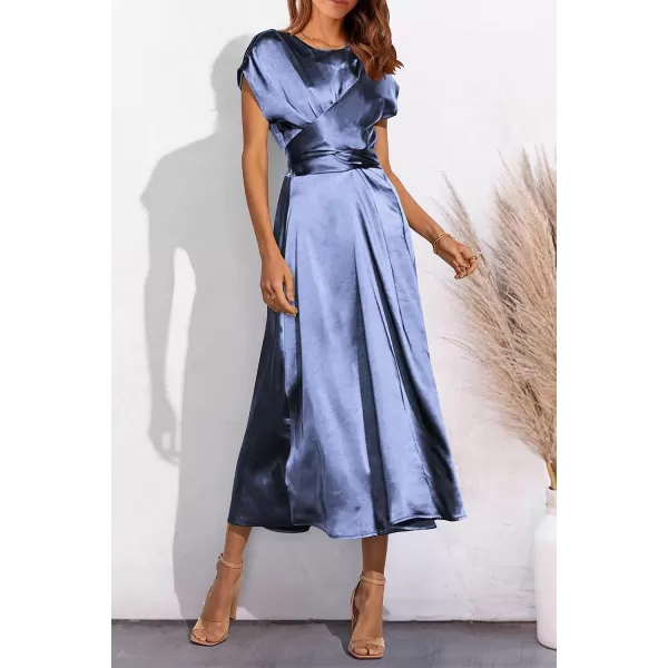 imagePRETTYGARDEN Womens 2023 Summer Satin Midi Dress Cap Sleeve Tie Waist Elegant ALine Flowy DressesBlue