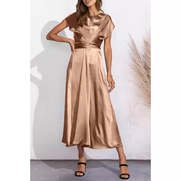 imagePRETTYGARDEN Womens 2023 Summer Satin Midi Dress Cap Sleeve Tie Waist Elegant ALine Flowy DressesBrown