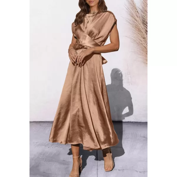 imagePRETTYGARDEN Womens 2023 Summer Satin Midi Dress Cap Sleeve Tie Waist Elegant ALine Flowy DressesBrown