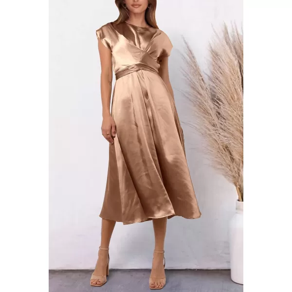 imagePRETTYGARDEN Womens 2023 Summer Satin Midi Dress Cap Sleeve Tie Waist Elegant ALine Flowy DressesBrown