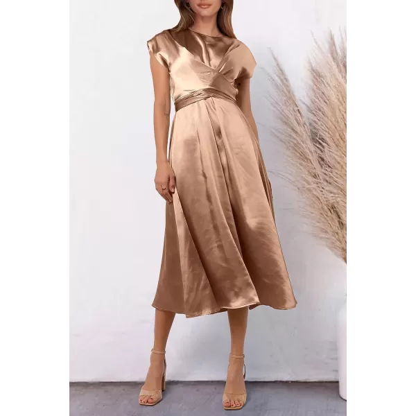 imagePRETTYGARDEN Womens 2023 Summer Satin Midi Dress Cap Sleeve Tie Waist Elegant ALine Flowy DressesBrown