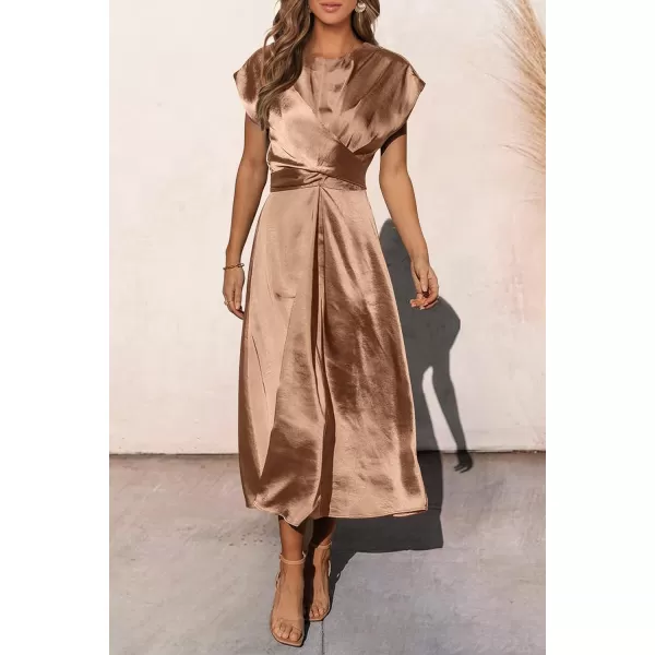 imagePRETTYGARDEN Womens 2023 Summer Satin Midi Dress Cap Sleeve Tie Waist Elegant ALine Flowy DressesBrown