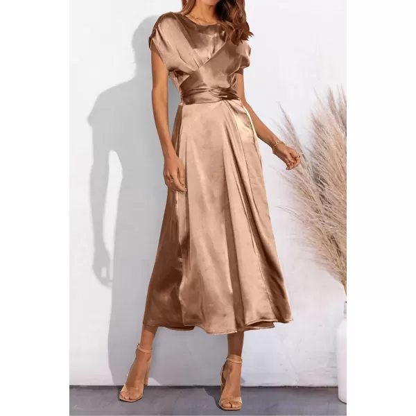 imagePRETTYGARDEN Womens 2023 Summer Satin Midi Dress Cap Sleeve Tie Waist Elegant ALine Flowy DressesBrown