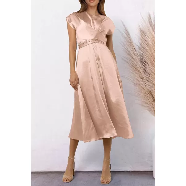 imagePRETTYGARDEN Womens 2023 Summer Satin Midi Dress Cap Sleeve Tie Waist Elegant ALine Flowy DressesChampagne