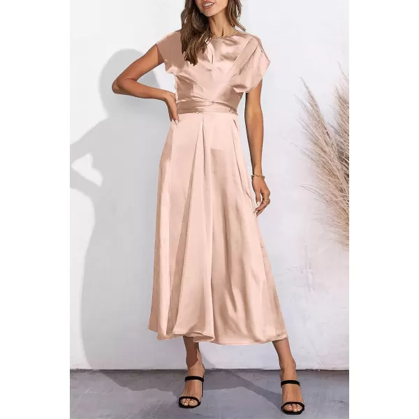 imagePRETTYGARDEN Womens 2023 Summer Satin Midi Dress Cap Sleeve Tie Waist Elegant ALine Flowy DressesChampagne