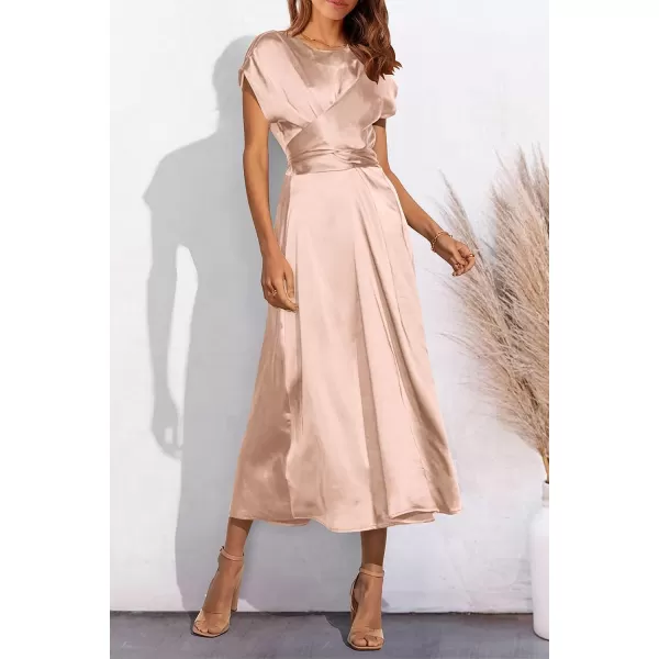 imagePRETTYGARDEN Womens 2023 Summer Satin Midi Dress Cap Sleeve Tie Waist Elegant ALine Flowy DressesChampagne