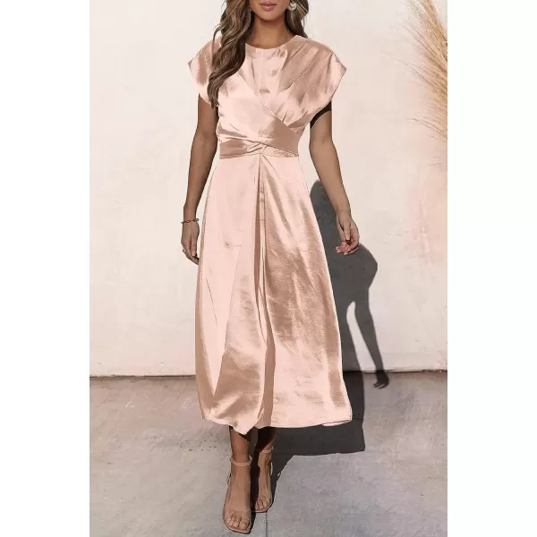imagePRETTYGARDEN Womens 2023 Summer Satin Midi Dress Cap Sleeve Tie Waist Elegant ALine Flowy DressesChampagne