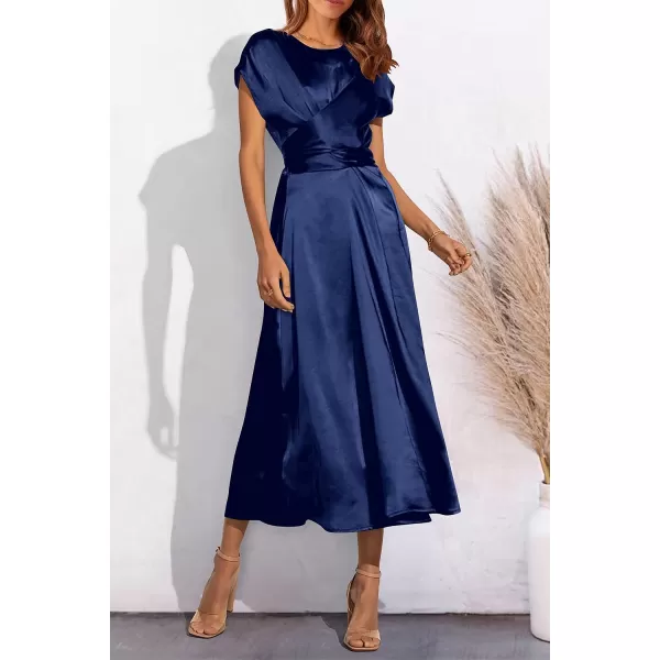 imagePRETTYGARDEN Womens 2023 Summer Satin Midi Dress Cap Sleeve Tie Waist Elegant ALine Flowy DressesDark Blue