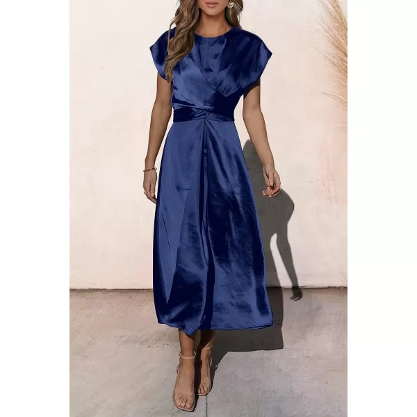 imagePRETTYGARDEN Womens 2023 Summer Satin Midi Dress Cap Sleeve Tie Waist Elegant ALine Flowy DressesDark Blue