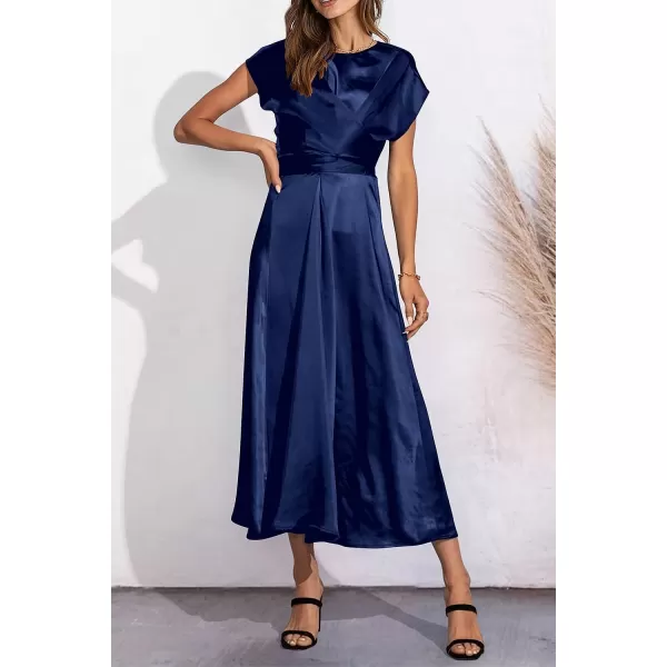 imagePRETTYGARDEN Womens 2023 Summer Satin Midi Dress Cap Sleeve Tie Waist Elegant ALine Flowy DressesDark Blue