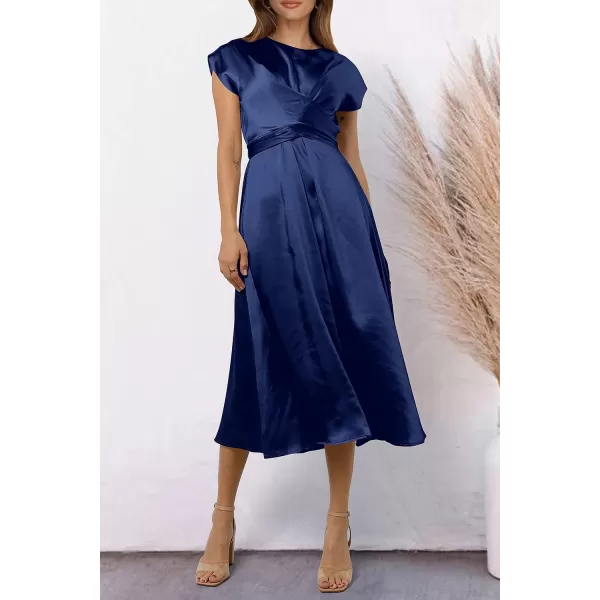 imagePRETTYGARDEN Womens 2023 Summer Satin Midi Dress Cap Sleeve Tie Waist Elegant ALine Flowy DressesDark Blue