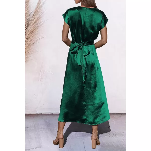 imagePRETTYGARDEN Womens 2023 Summer Satin Midi Dress Cap Sleeve Tie Waist Elegant ALine Flowy DressesDark Green