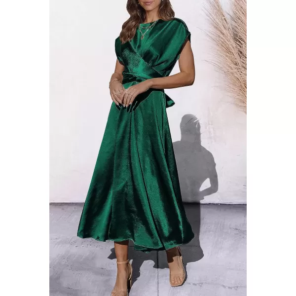 imagePRETTYGARDEN Womens 2023 Summer Satin Midi Dress Cap Sleeve Tie Waist Elegant ALine Flowy DressesDark Green