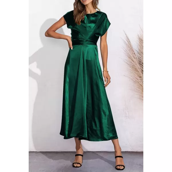 imagePRETTYGARDEN Womens 2023 Summer Satin Midi Dress Cap Sleeve Tie Waist Elegant ALine Flowy DressesDark Green