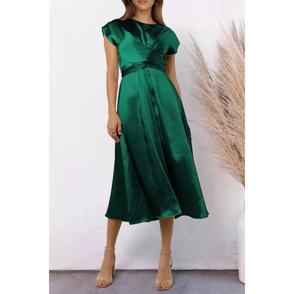 imagePRETTYGARDEN Womens 2023 Summer Satin Midi Dress Cap Sleeve Tie Waist Elegant ALine Flowy DressesDark Green