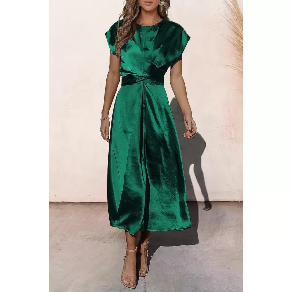 imagePRETTYGARDEN Womens 2023 Summer Satin Midi Dress Cap Sleeve Tie Waist Elegant ALine Flowy DressesDark Green