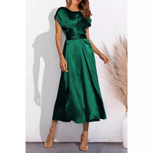 imagePRETTYGARDEN Womens 2023 Summer Satin Midi Dress Cap Sleeve Tie Waist Elegant ALine Flowy DressesDark Green
