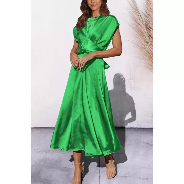 imagePRETTYGARDEN Womens 2023 Summer Satin Midi Dress Cap Sleeve Tie Waist Elegant ALine Flowy DressesGrass Green