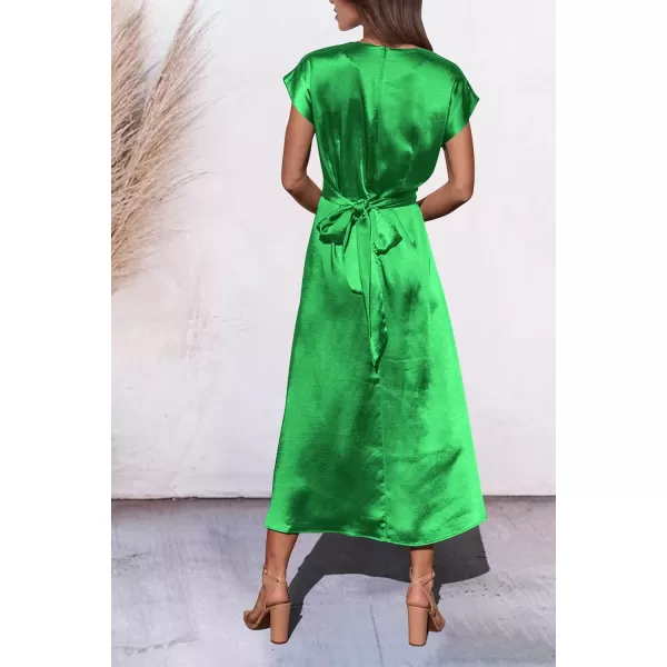 imagePRETTYGARDEN Womens 2023 Summer Satin Midi Dress Cap Sleeve Tie Waist Elegant ALine Flowy DressesGrass Green