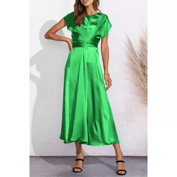 imagePRETTYGARDEN Womens 2023 Summer Satin Midi Dress Cap Sleeve Tie Waist Elegant ALine Flowy DressesGrass Green